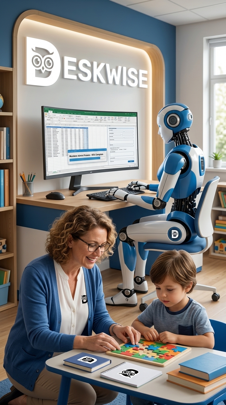 A teacher and child working together while a Deskwise robot completes the mundane admin work in the background.